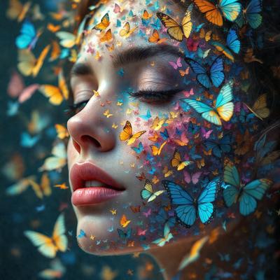 The primary subject of the image is a woman with a face covered in butterflies. The setting is a colorful and vibrant background, which adds to the overall visual style. The image is a digital art or illustration, showcasing the woman's beauty and the butterflies' intricate patterns. The colors and mood of the image are lively and joyful, with the butterflies and the woman's face being the main focus.